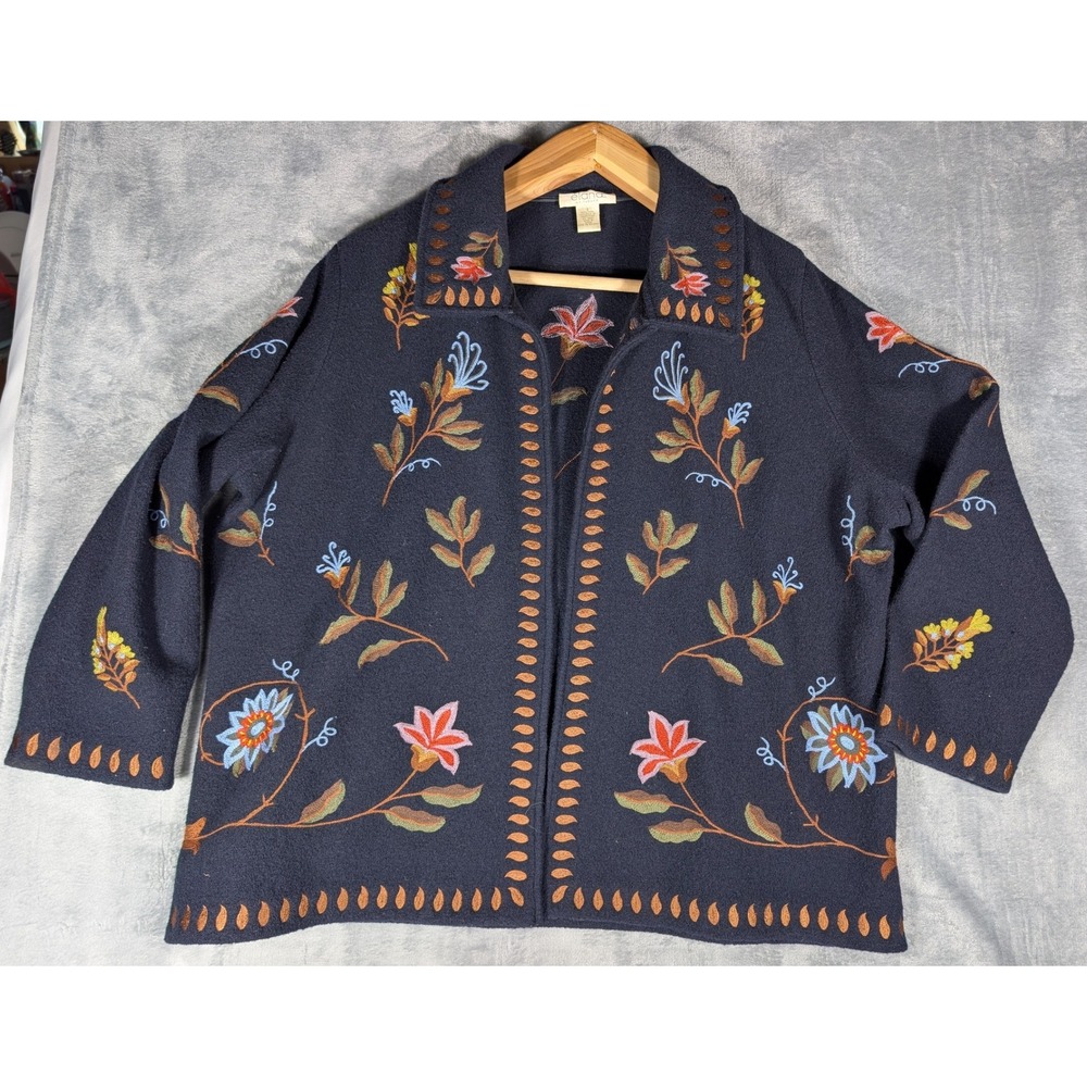Elana by Tanner Navy Blue 100% Wool Floral Embroidered Open Jacket 3 Plus 3X 4X